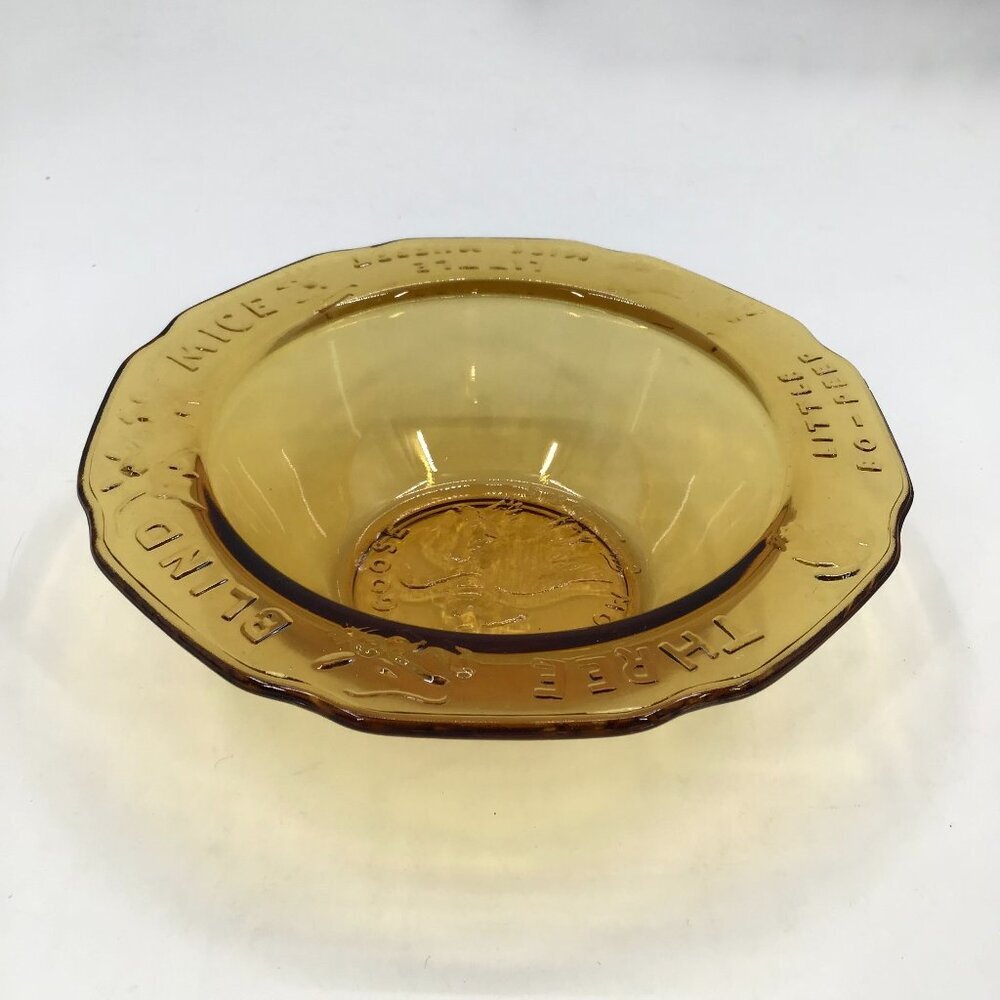 VTG Child's Cereal Bowl Nursery Rhymes Mother Goose Three Blind Mice Amber Glass
